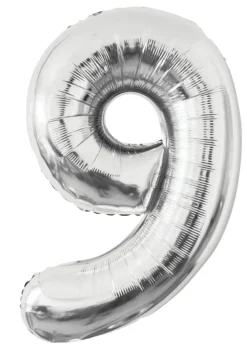 Pynt & Festudstyr*Folieballon nummer 9 H60 cm sølv