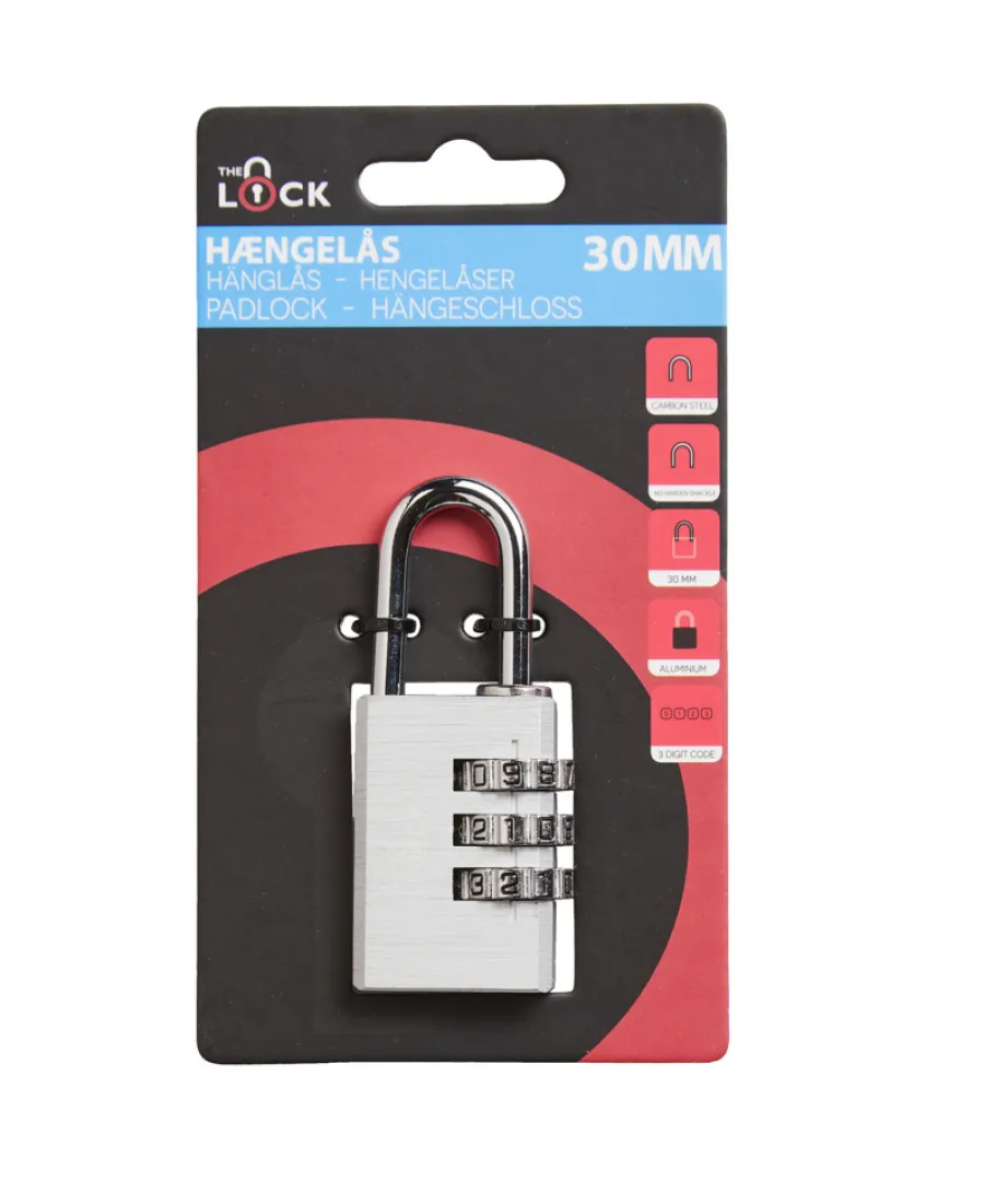 The lock Hængelåse*Hængelås m/kode 30 mm aluminium Sølv