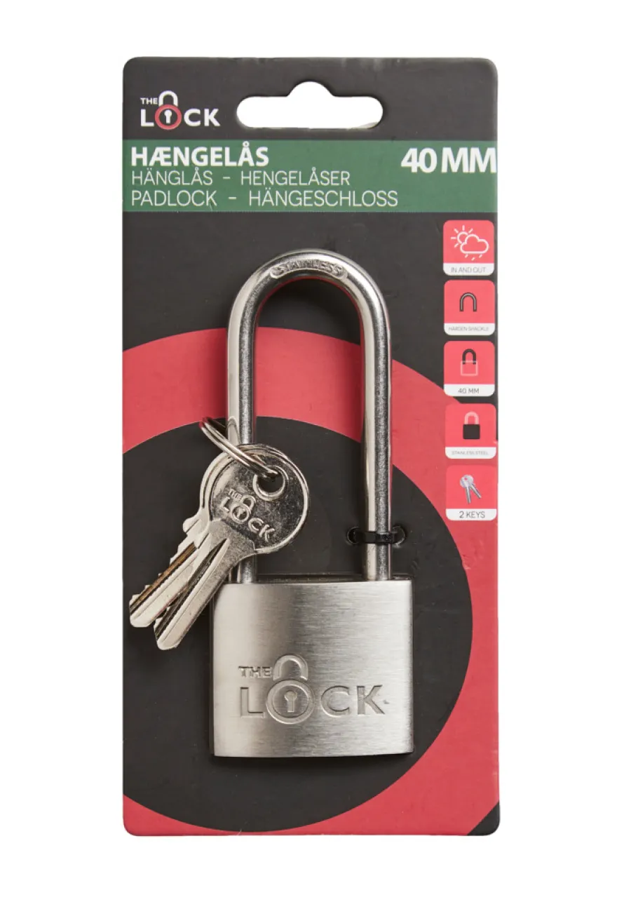 The lock Hængelåse*Hængelås m/to nøgler lang model 40 mm rustfrit stål Sølv