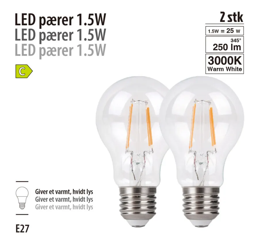 Led-Pærer*LED-filamentpære 1,5 W E27 2-pk.