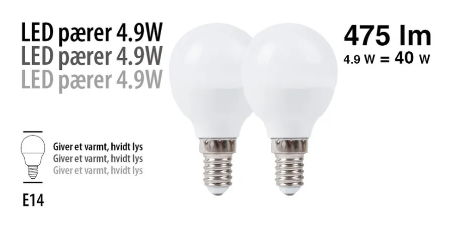 Led-Pærer*LED-kronepære 4,9 W E14 2-pk.