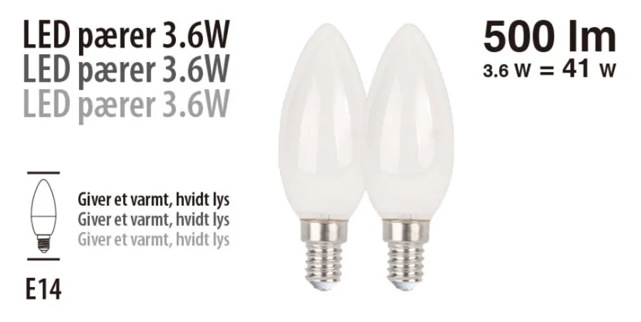 Led-Pærer*LED-pære kerte 3,6 W E14 2-pk.