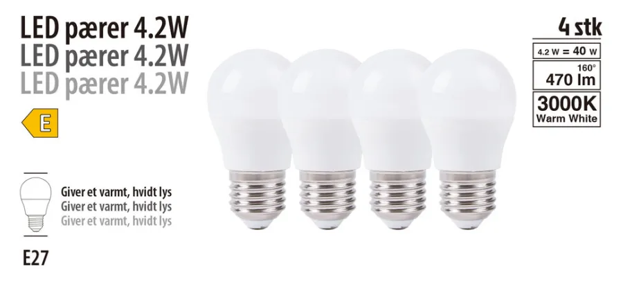 Led-Pærer*LED-pære krone 4,2 W E27 4-pk.