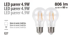 Led-Pærer*LED-pære standard 4,9 W E27 2-pk.