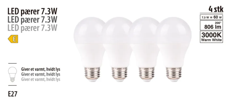 Led-Pærer*LED-pære standard 7,3 W E27 4-pk.