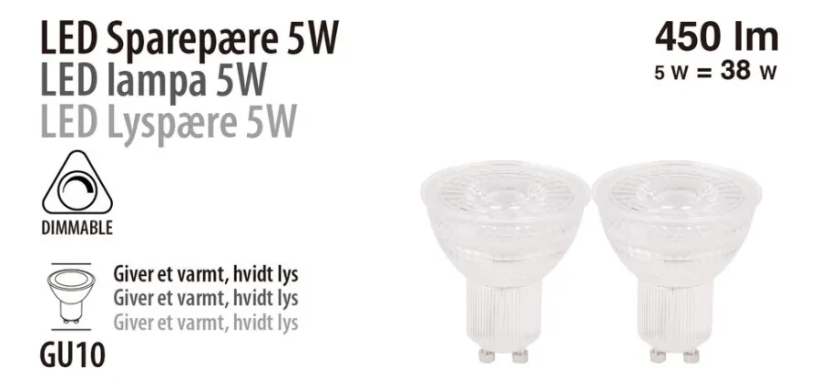 Led-Pærer*LED-spotpære 5 W GU10 dæmpbar 2-pk.