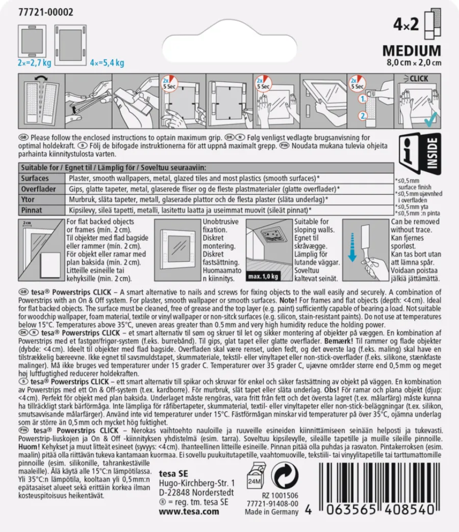tesa® Klæbesøm*Powerstrips Click Medium 4 par