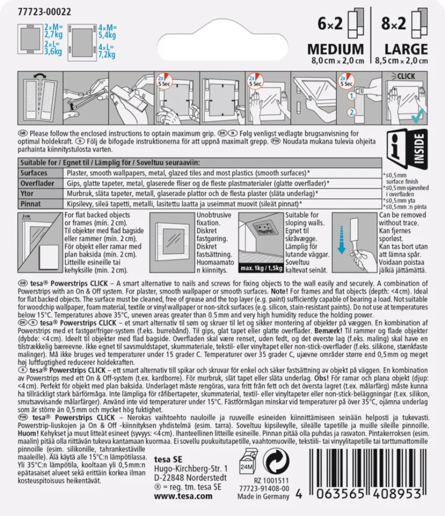 tesa® Klæbesøm*Powerstrips Click Multi Medium/Large 14 par