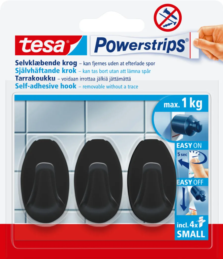 tesa® Klæbesøm*Powerstrips Kroge Oval Small 1 kg - 3 stk. Sort