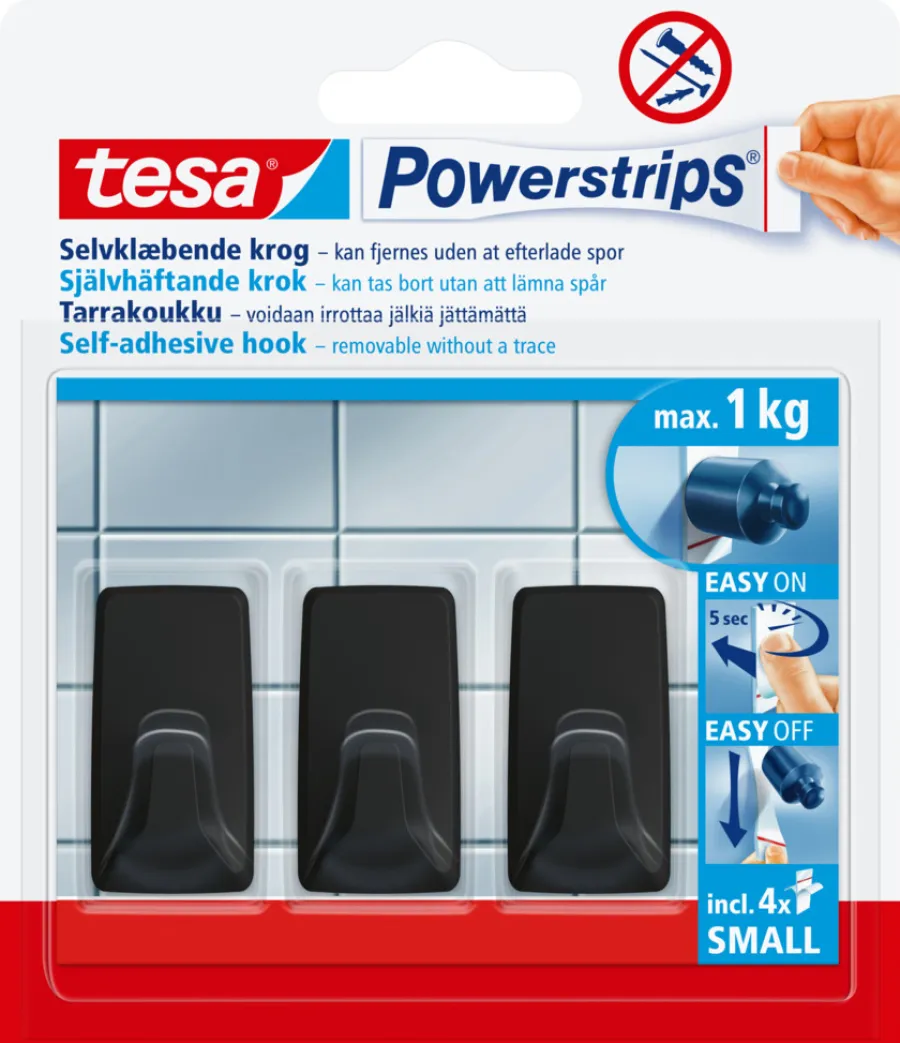 tesa® Klæbesøm*Powerstrips Kroge Small 1 kg - 3 stk. Sort